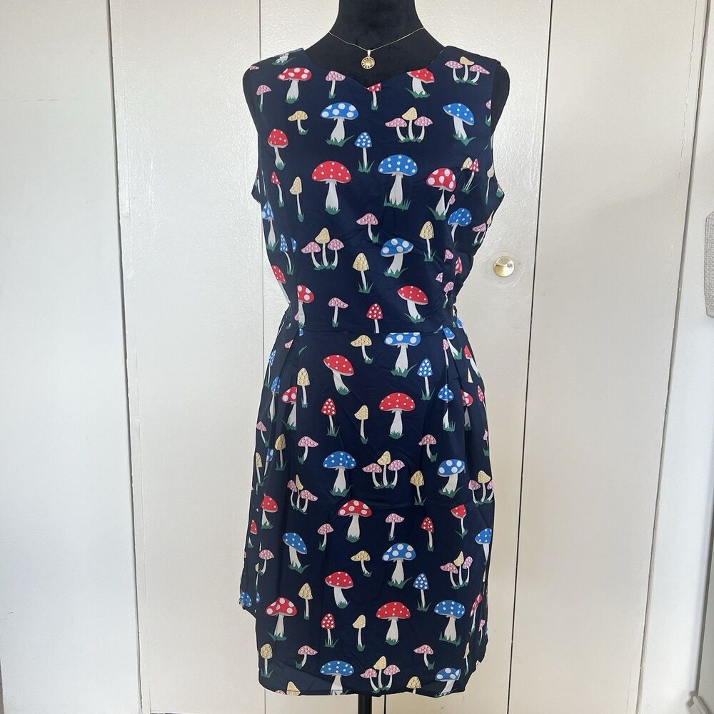 SM Wardrobe NY Navy Blue Sleeveless Mushroom Print Dress Size Small NEW!